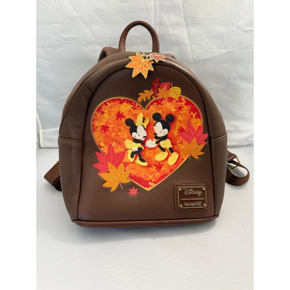 Disney Loungefly Mickey Minnie Mouse Fall Leaves Mini Backpack Brown Collectible